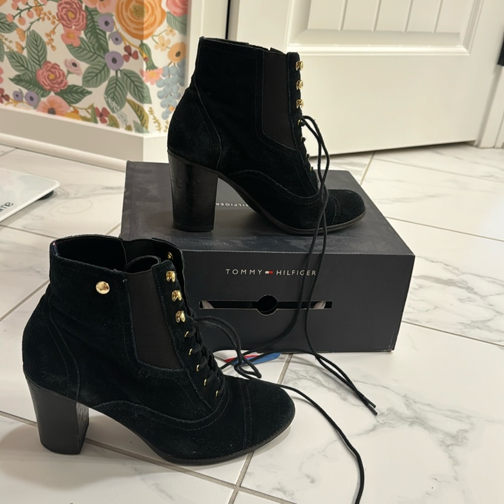 Black Lace Up Heeled Booties